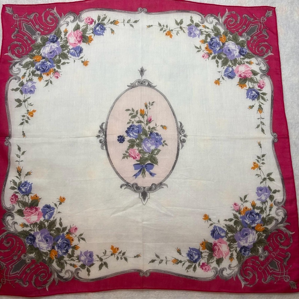 Vtg CHRISTIAN DIOR Scarf Handkerchief Floral Bouquet Cotton White Pink 18.5"